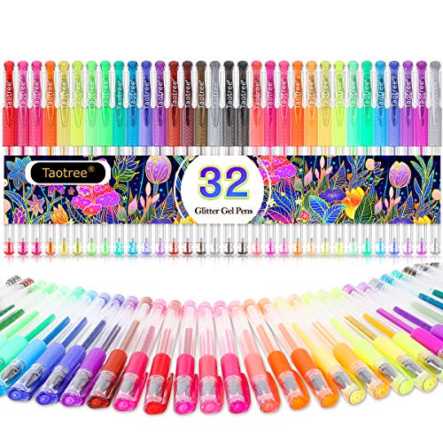 Product Cover Glitter Gel Pens, 32 Colors Neon Glitter Pens Colored Pens Fine Tip Art Markers Set with 40% More Ink for Adult Coloring Books, Drawing, Doodling, Scrapbook, Bullet Journals, Great Back to School Gift