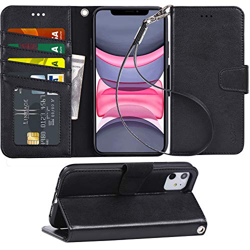 Product Cover Arae Case for iPhone 11 PU Leather Wallet Case Cover [Stand Feature] with Wrist Strap and [4-Slots] ID&Credit Cards Pocket for iPhone 11 6.1 inch 2019 Released - Black