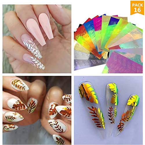 Product Cover Flame Nail Decals Self Adhesive, Holographic Iridescent Fire Flaming Nail Stickers Christmas, Wesracia Halloween Nail Art Decals Leaf Literary Nail Tattoos (Leaf Nail Decals,16 pcs)