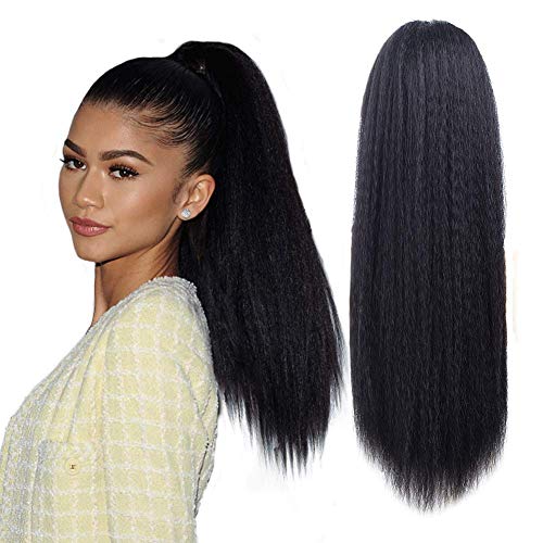 Product Cover Long Kinky Srtaight Drawstring Ponytail Extensions For Black Women, YAKI Curly Hair Extension Draw String Pony Tail Kinky Straight Wig 24inch (Natural Black)