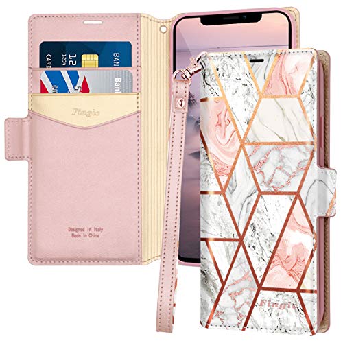 Product Cover iPhone 11 Pro Max Case, Fingic Rose Gold Marble PU Leather Wallet Case 2 ID & Credit Card Slots Holder Side Pocket Kickstand Feature Flip Case Cover for Apple iPhone 11 Pro Max 6.5