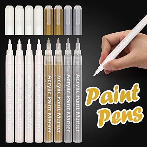 Product Cover White Paint Pen, 0.8mm Acrylic 4 White, 2 Gold, 2 Silver Permanent Marker Pens for Wood Rock Plastic Leather Glass Stone Metal Canvas Ceramic Marker Extra Very Fine Point Opaque Ink, 8 Pack
