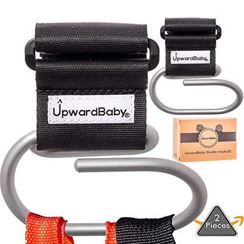 Product Cover Baby Stroller Hooks | Extra Security Holds 40lbs | UpwardBaby 2 Pack Universal Heavy Duty Clip for Purses Grocery Shopping Diaper Bags Backpacks | Perfect Wheelchairs Accessories | Video Demonstration