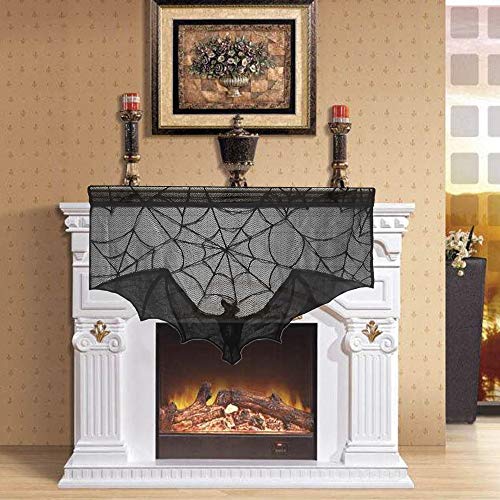 Product Cover JuguHoovi Halloween Black Lace Spiderweb Fireplace Mantle Cover for Halloween, Mantle Scarf Cobweb Cover for Halloween Door Window Decorations 22 x 37inch
