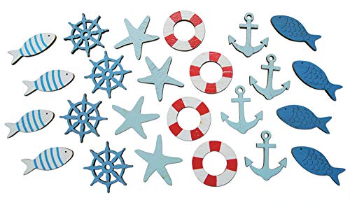Product Cover Shoreside Nautical Coastal Cruise Ship Miniature Beach Themed Arts and Crafts Wood Cut Outs Sea Ring, Anchor, Captain Wheel, Fish, and Starfish (24 Pieces)