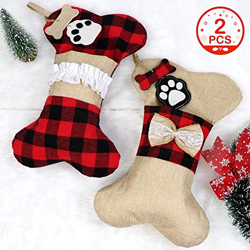 Product Cover OurWarm 2pcs Pet Dog Christmas Stockings, Burlap Plaid Large Bone Shape Pets Stockings, Classic Hanging Stockings for Christmas Decorations