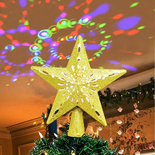Product Cover AerWo Christmas Tree Topper Lighted Star Tree Topper with Rotating Magic Rainbow Projector Lights, 3D Glitter Hollow Gold Star Tree Topper for Christmas Tree Decorations
