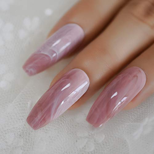 Product Cover Long Marble Coffin Nail Natural Daily Pink Adult Full Artificial Nail Tips Designed Salon Smooth Press On Manicure