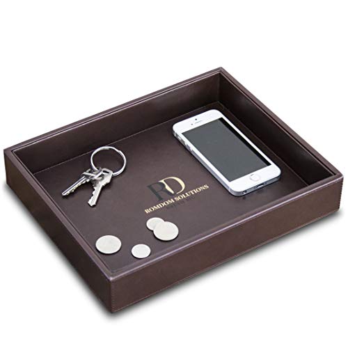 Product Cover RomDom Leather Valet Tray, Decorative Tray, Catch All Tray, Phone, Wallet, Keys, Jewelry, Nightstand Organizer, Dresser Organizer, Bathroom Tray, Brown, 10.2 X 8.4 X 1.8 Inches