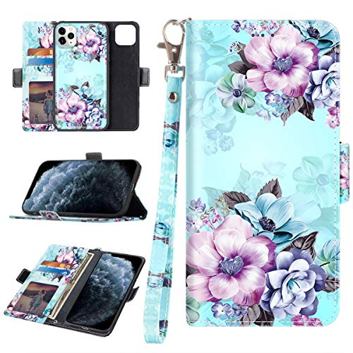 Product Cover Casetego Compatible iPhone 11 Pro Max Case,Detachable Magnetic Wallet Case PU Leather Full Body Protective Case with Credit Card Holders, Wrist Strap for Apple iPhone 11 Pro Max 6.5 inch,Blue Flower