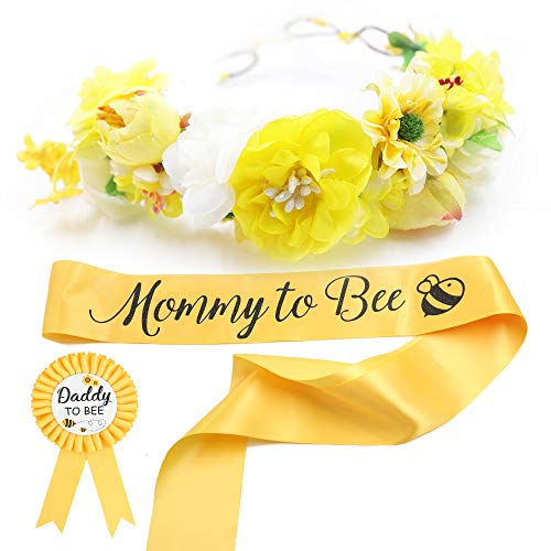 Product Cover Baby Shower Mom to Bee Sash & Flower Crown & Daddy to Bee Pin Kit - What Will Baby Bee Baby Shower Gift Mommy Sash Pregnancy Sash Baby Shower Baby Sprinkle Keepsake