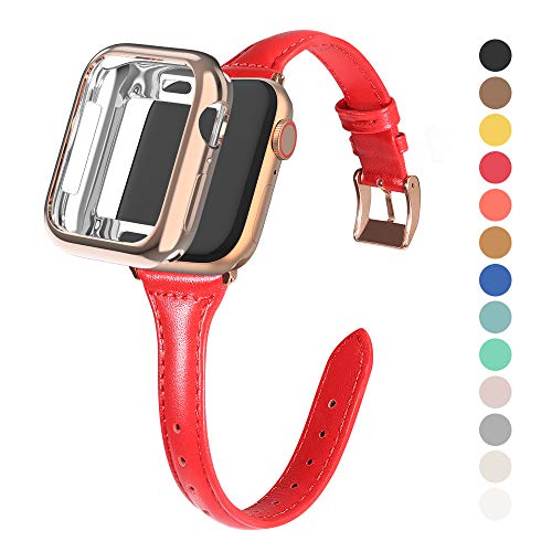Product Cover MARGE PLUS Compatible Apple Watch Band with Case 38mm 40mm Women, Slim Leather Watch Strap with Soft TPU Protective Case Replacement for iWatch Series 5 4 3 2 1, Bright Red