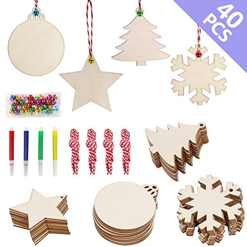 Product Cover OurWarm 40pcs DIY Christmas Wooden Ornaments Unfinished, 4 Style Craft Wood Kit Great for Crafts Christmas Ornaments DIY Crafts (With 4 Coloured Pens)