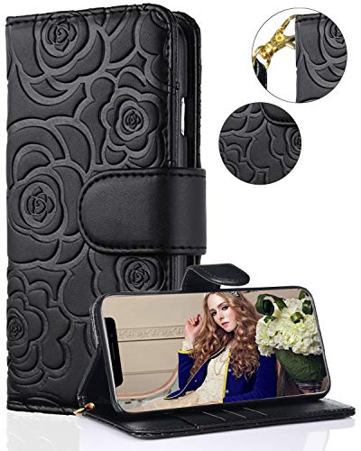Product Cover FLYEE iPhone 11 Pro Max Wallet Case Premium Leather [Embossed Flower] Flip case Kickstand Magnetic Protective with Card Slots and Detachable Wrist Strap for Apple iPhone 11 Pro Max 6.5 inch [Black]