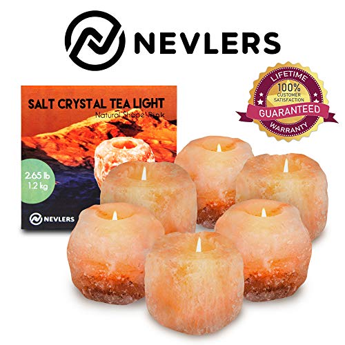Product Cover Nevlers Natural Handcrafted Himalayan Salt Tealight Candle Holders - 6 Pack Tea Light Holders - Great Enhancement to Your Home Decor - Put One in Every Room