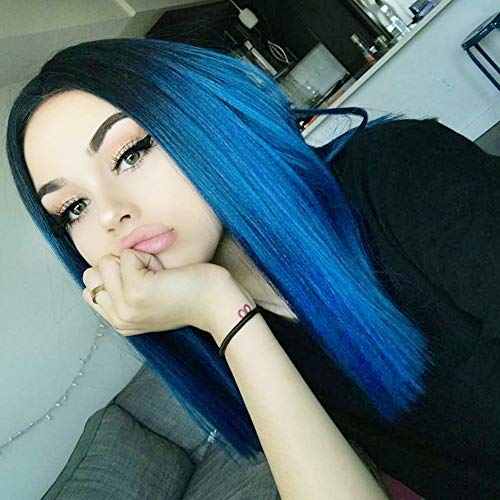 Product Cover IWISH Lace Front Short Bob Wigs for Women Ombre Blue Straight Synthetic Hair Wig Middle Parting Heat Resistant Fiber Bob wigs (12 Inch)