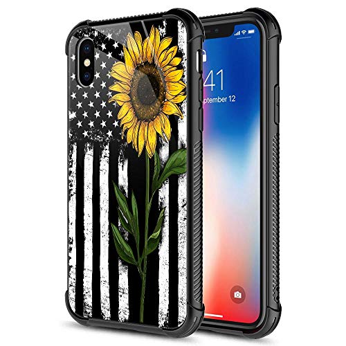 Product Cover iPhone XR Case, 9H Tempered Glass Sunflower and Flag iPhone XR Case for Girls [Anti-Scratch] Fashion Cute Pattern Design Cover Case for iPhone XR 6.1-inch Sunflower Flag