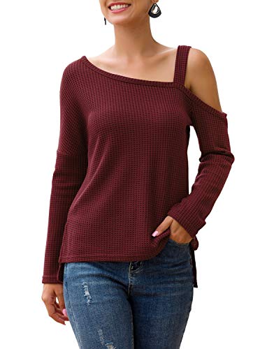Product Cover LEXISLOVE Womens Cold Shoulder Loose Blouses Long Sleeve Tunics Tops Waffle Knit Casual Shirts Burgundy M