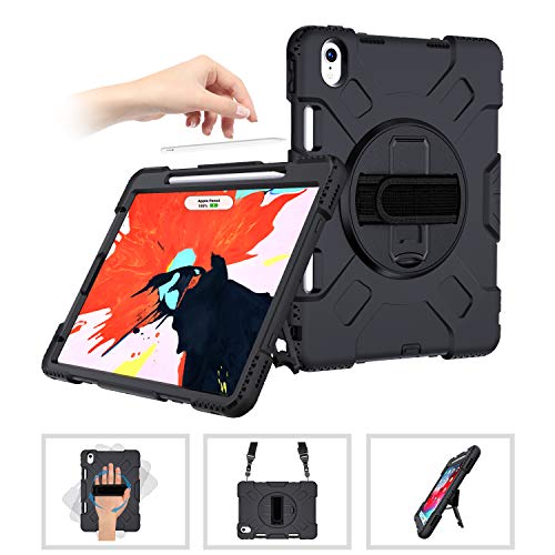 Product Cover SUPFIVES iPad Pro 11 Case with Strap and Pencil Holder [Support Apple Pencil Charging/Pairing]+Hand Strap+Shoulder Strap+Stand Full-Body Heavy Duty Rugged Shockproof Case for iPad Pro 11'' 2018-Black