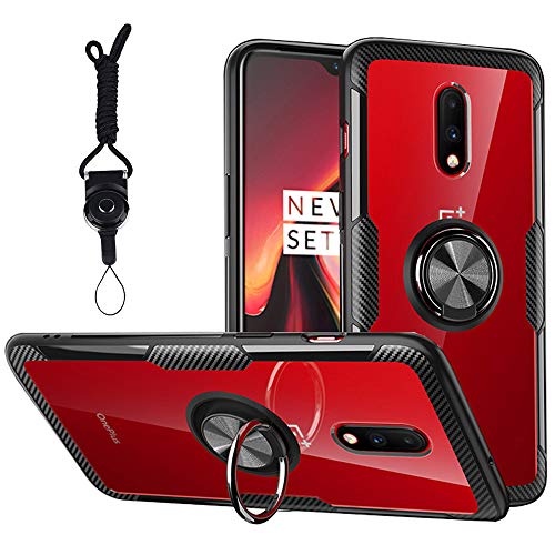 Product Cover Dishibei Oneplus 7 Case,360 Rotating Ring Holder Kickstand with Magnetic Car Mount Rubber Bumper Clear Carbon Fiber Back Cover Armor Protective Case for Oneplus 7 Phone Case (Black)