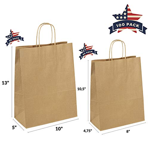 Product Cover QUTUUS Kraft Paper Bags with Handles Bulk 10x5x13 and 8x4.75x10.5 Totally 100 Pcs Brown Gift Bags, Paper Shopping Bags, Recycled Brown Bags, Kraft Bags, 50 pcs Each Size