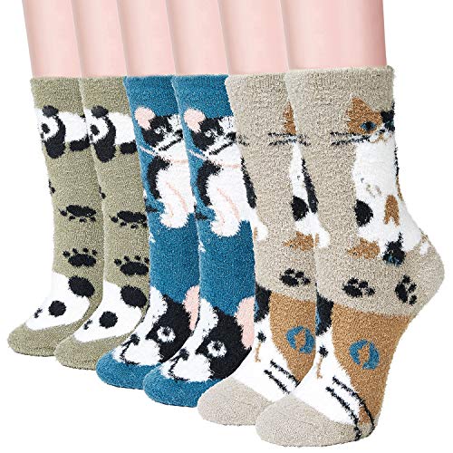 Product Cover Fuzzy Slipper Crew Socks for Women and Girls - Cute Cat Soft Thick Winter Cozy Socks