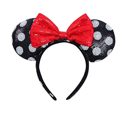 Product Cover WLFY Mickey Mouse Minnie Mouse Sequin Ears Headbands Butterfly Glitter Hairband Girls Party Supplies (White dot black red bow)
