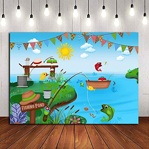 Product Cover Fishing Pond Theme Summer Lake Photography Backdrop Vinyl Fishing Party Photo Prop for Children Boys Girls Birthday Banner Decoration Photo Booth Studio Supplies Pictures 5x3ft Cake Table Baby Shower