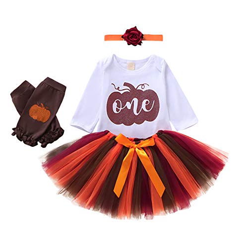 Product Cover Baby Girl Outfits 1st Birthday Pumpkin Long Sleeve Romper Top Tulle Tutu Skirt Headband Leg Warmers 4pcs Clothes Set (One & Pumpkin, 12-18 Months)