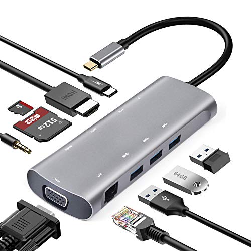Product Cover USB C Hub,Type c Hub Adapter 10-in-1 with Ethernet, 4K USB C to HDMI VGA, USB 3.0 Camera Card Reader,SD/TF Card Reader, USB-C Power Delivery, Audio Jack for MacBook Pro, Samsung Note Book Galaxy Book