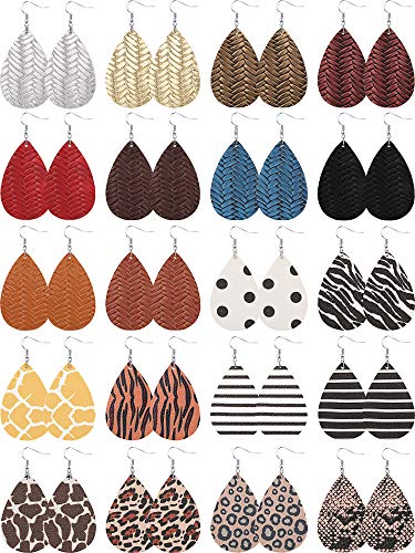 Product Cover 20 Pairs Faux Leather Earring Lightweight Teardrop Earring Leaf Dangle Earring for Christmas (Weave and Animal Prints)
