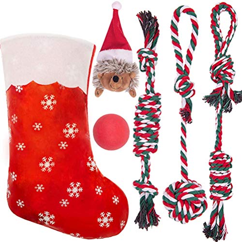 Product Cover HOMIMP Christmas Dog Squeaky Toys 4 Pcs and 5 Pcs Set - Rope Toys and Cotton Ball Dogs Toys Set in Christmas Stocking, Corduroy Durable Soft Toys Set for Dogs Training Fun