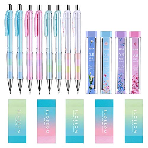 Product Cover 17 PCS Mechanical Pencil Set, 8 PCS 0.9 mm Mechanical Pencils with Eraser Design, 4 Tubes 2B Lead Refills, 5 Piece Erasers For School and Office (PinkBlue)
