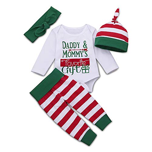 Product Cover Honykids Baby Girls Boys Daddy&Mommy's Favorite Gift Romper+Pants+Hat+Headband Christmas Outfit