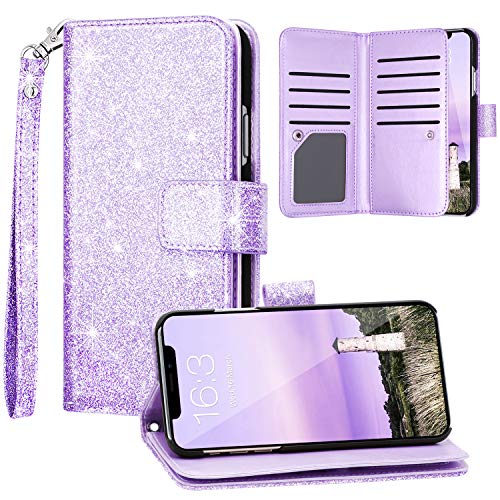 Product Cover Fingic iPhone 11 Case, iPhone 11 Wallet Case, Glitter Sparkle Cover 9 Card Holder PU Leather with Kickstand Wrist Strap Protective Case for Women Apple iPhone 11 6.1 inch, Purple