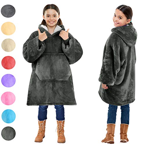 Product Cover Blanket Sweatshirt, Super Soft Warm Cozy Wearable Sherpa Hoodie for Teens, Boys, Girls, Youth, Kids (7-15yr), Oversize, Reversible, Hood & Large Pocket, One Size, Gray
