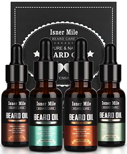 Product Cover 4 Pack Beard Oil Set Leave in Conditioner Kit, Natural Cedarwood, Sandalwood, Sage, SweetOrange for Men Mustaches Growth, Soften, Moisturizing, Strengthen, Perfect Gift for Him Dad Husband Boyfriend