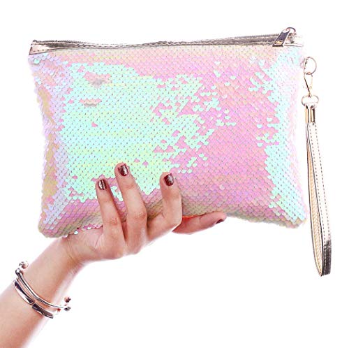 Product Cover Brishow Envelope Type Travel Makeup Bag Portable Clutch Toiletry Bag Cosmetic Makeup Case Mermaid Sequins Organizer Bag with Zipper for Women and Girls (Pink)