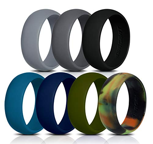 Product Cover Swagmat Silicone Wedding Ring for Men and Women - 7 Packs 3 Packs and Singles - Black, Grays and Blue Rubber Wedding Bands for Men - 8.7 millimeters Wide