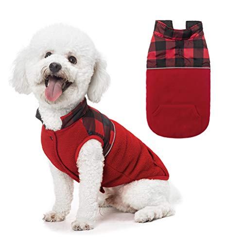 Product Cover SCIROKKO Polar Fleece Dog Vest Winter Coat with Water-Proof Side - Reversible Pet Cold Weather Clothes - Plaid Jacket Cute Clothing for Puppy & Cats, Red Extra Small