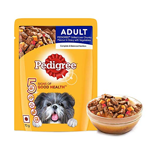 Product Cover Pedigree Adult Wet Dog Food, Grilled Liver Chunks Flavour in Gravy with Vegetables, 70g Pouch