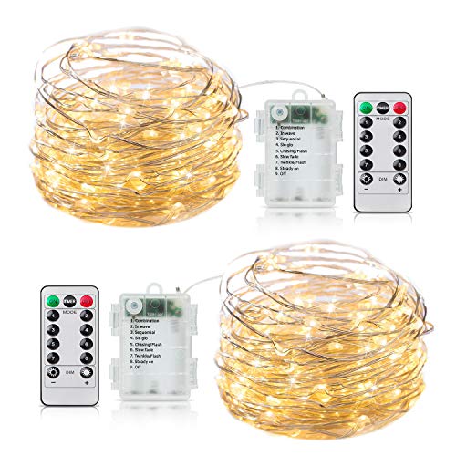 Product Cover 2 Pack 33ft Fairy Lights Battery Operated with Time Function and 8 Mode Remote, 100 LED Waterproof Starry String Lights for Bedroom Indoor Outdoor Wedding Dorm Decor, Warm White