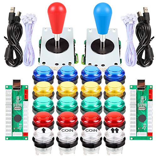 Product Cover Fosiya LED Arcade Joystick Buttons Kit Ellipse Oval Style 8 Ways Joystick + 20 x LED Arcade Buttons for 2 Player Video Games Standard Controllers All Windows PC MAME Raspberry Pi (Mix Colors Kits)