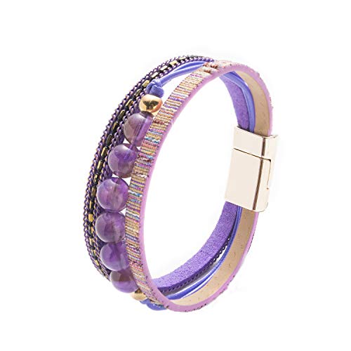Product Cover ALEBEE Women Leather Wrap Bracelet With 8mm Amethyst Round Beads Natural Stone for Healing Purple Wristband Gift for Wife Teacher Lover