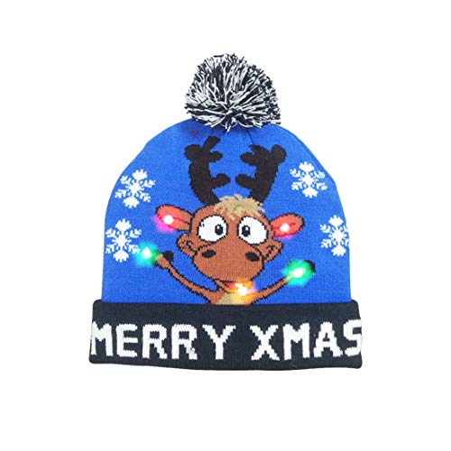 Product Cover Funpeny Ugly Xmas Christmas Beanie, 6 Colorful LED Xmas Hat, Ugly Sweater Knit Cap, Acrylic (Blue Deer)