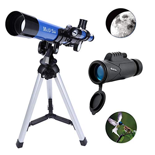 Product Cover MaxUSee Kids Telescope 400x40mm with Finder Scope for Kids & Beginners + Portable 10X42 HD Monocular with BAK4 Prism FMC Lens for Moon Viewing Bird Watching Wildlife Scenery