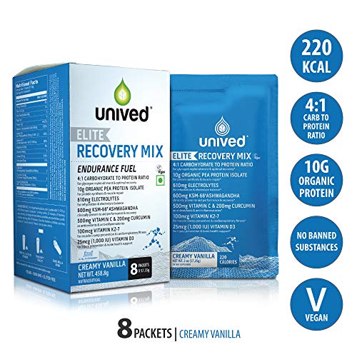 Product Cover Unived Elite Recovery Mix, 4:1 Ratio, 10g Organic Pea Protein, 610mg Electrolytes, 600mg KSM-66 Ashwagandha, 500mg Vit C, 200mg Curcumin, 100mcg Vit K2-7, 1000IU Vit D3, Creamy Vanilla