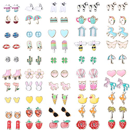 Product Cover Hanpabum 50 Pairs Stud Earrings for Women Flower Animals Trees Ice Cream Colorful Cute Stainless Steel Earrings Set