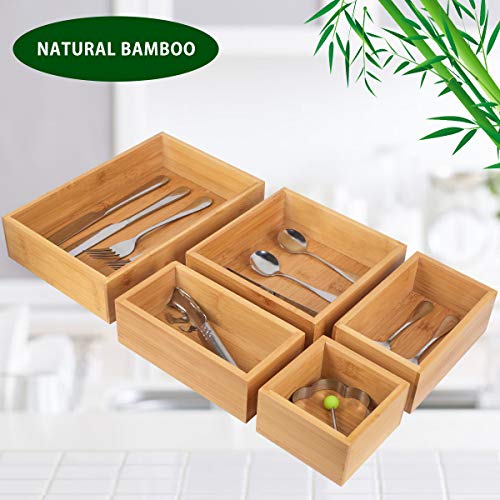 Product Cover 5-Piece Storage Box Dividers Set & Drawer Organizer with 100% Natural Bamboo, Silverware Tray for Office Desk Supplies and Accessories, Bathroom & Kitchen