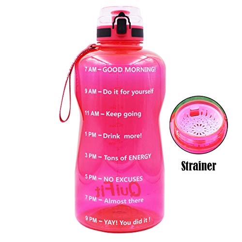 Product Cover QuiFit Half Gallon Water Bottle with Infuser and Time Marker, Locking Flip-Flop Lid,Large Capacity 64/43/15 oz BPA Free Outdoors Tritan Sport Fitness Water Jug (Hot Pink, 64 oz)
